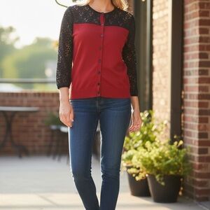 August Silk Black Lace Yoke Deep Red Cardigan Velvet Covered Button Closure